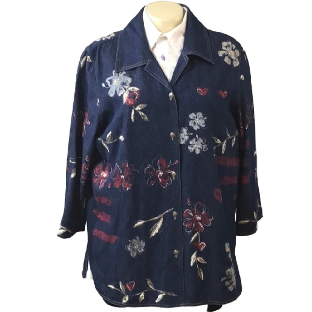 Koret City Blues embellished jeans denim button down blouse light jacket